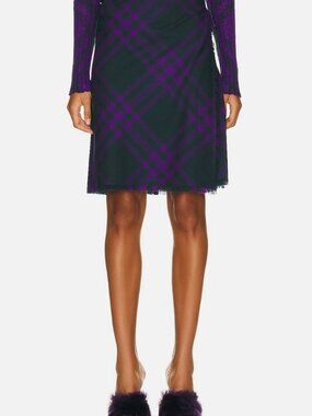 Burberry London Women's Green Purple Check Silk Chiffon Skirt Size 12